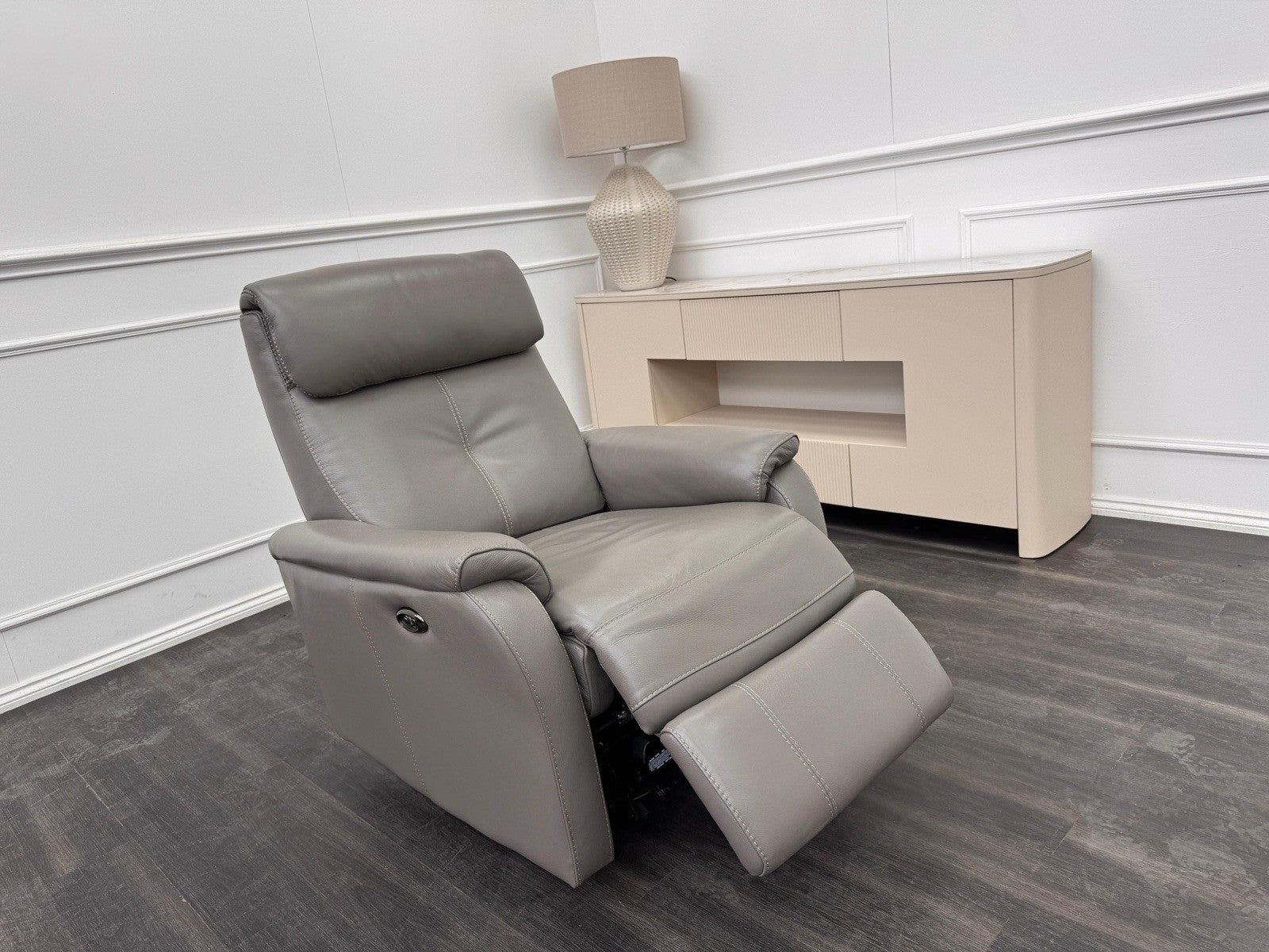 Furniture Village Rowen Grey Leather Armchair Power Recliner+Swivel+Rocking0