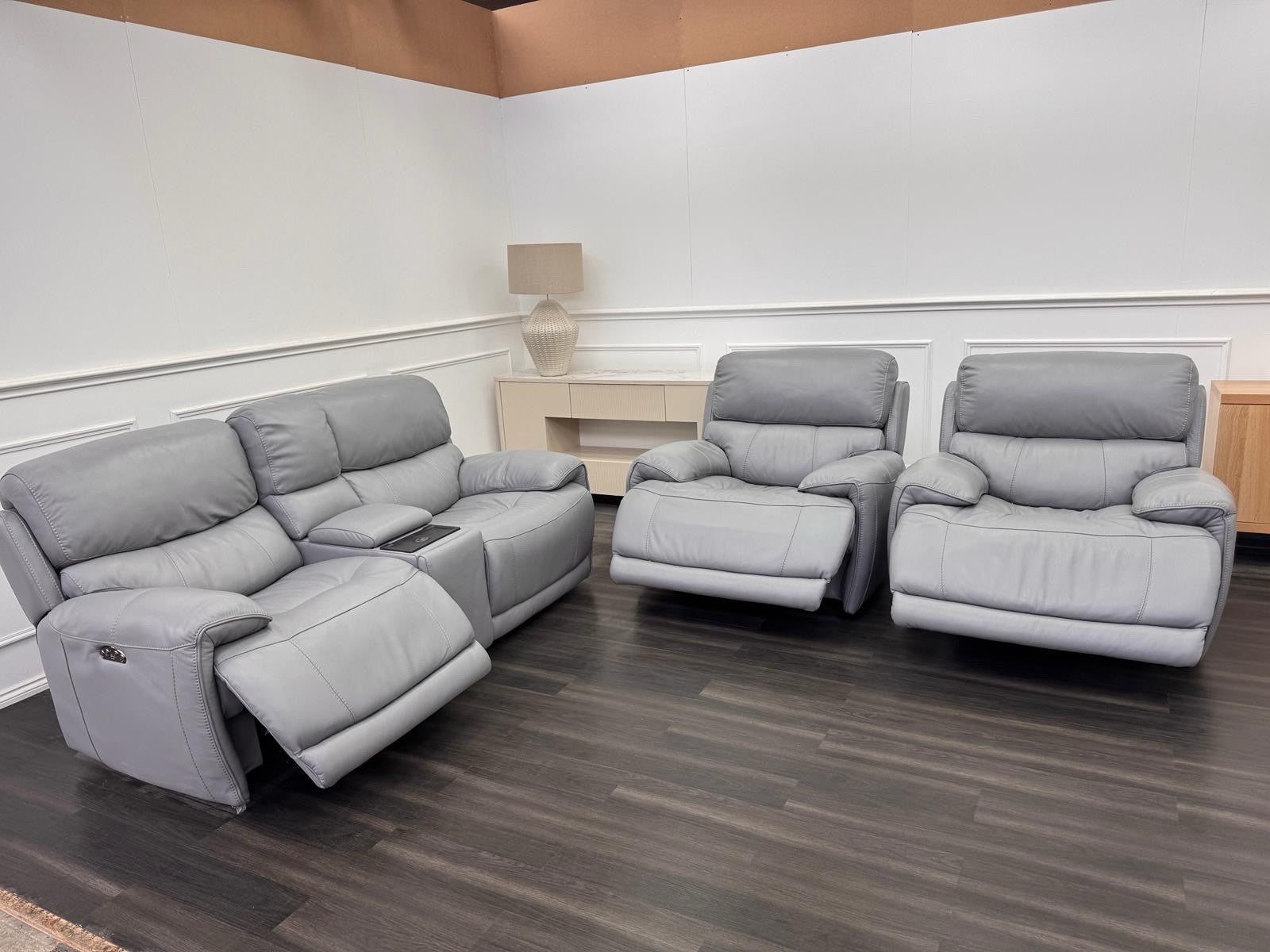 Furniture Village Link Power Recliner 2 Seater + 2x Armchairs Set Grey Leather0