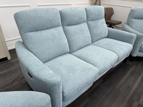 Furniture Village Petit Sky Blue Fabric Power Recliner 3+1+1 Seater Sofa Set2