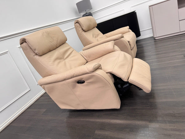 Furniture Village Rowen Beige Leather Pair Of Armchairs Power Recliner1