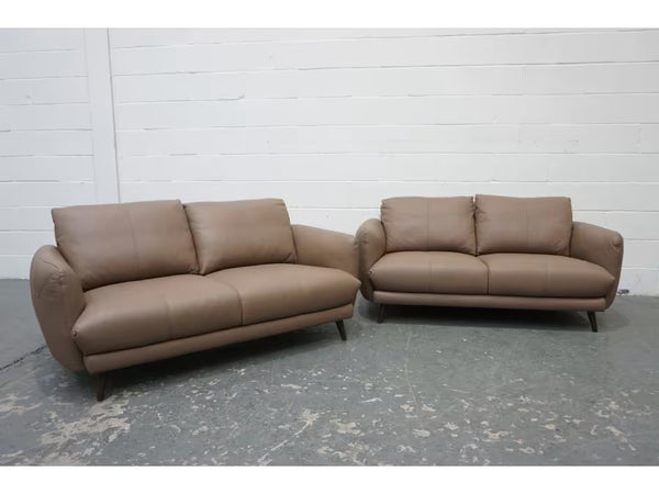 Sofology Adler trusty matt mushroom leather pair of 2 seater sofas set4