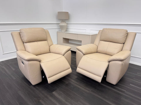 FV Utah Triple Power Recliner Pair Of Armchairs Pebble Leather Headrest + Lumbar0