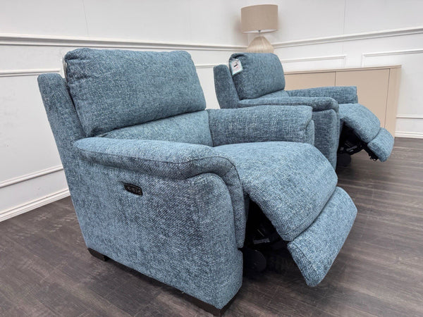 Furniture Village 2x Armchairs Power Recliner Blue Woven Fabric1