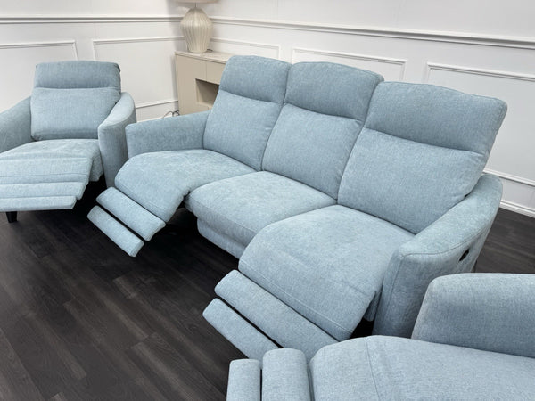 Furniture Village Petit Sky Blue Fabric Power Recliner 3+1+1 Seater Sofa Set19