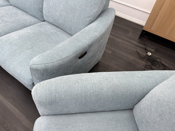 Furniture Village Petit Sky Blue Fabric Power Recliner 3+1+1 Seater Sofa Set12