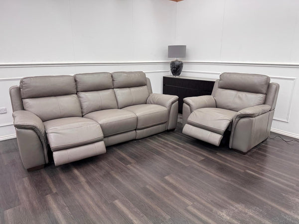 Furniture Village Power Recliner Grey Genuine Leather 3+1 Seater Sofa Set0