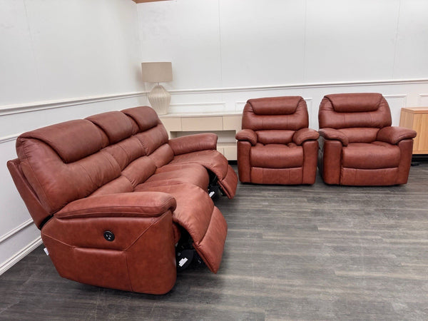 LA Z BOY Staten Power Recliner 3 Seater Sofa & 2x Static Chair Set Brown Leather2