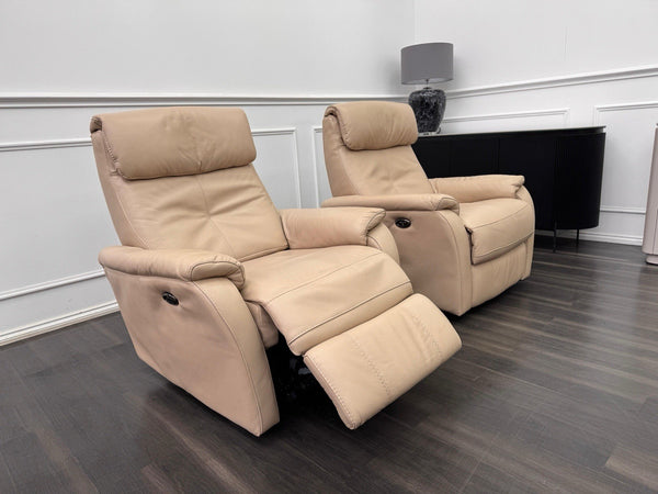Furniture Village Rowen Beige Leather Pair Of Armchairs Power Recliner0