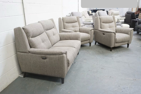 FV Grey mix cross weave fabric Power Recliner 2 seater + 2x Armchairs Sofa Set2