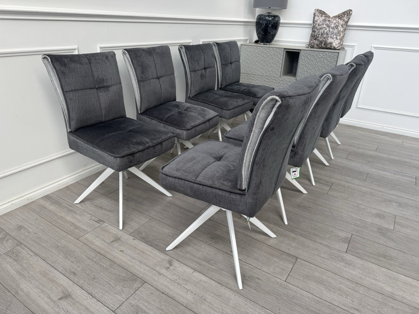 Furniture Village Glacier Set Of 8 Swivel Dining Chairs Dark Grey Fabric0