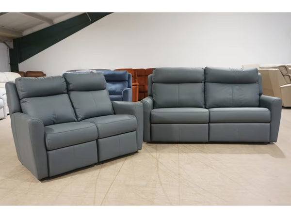 G Plan Wren ocean blue leather power recliner 3 seater + standard 2 seater sofa 2