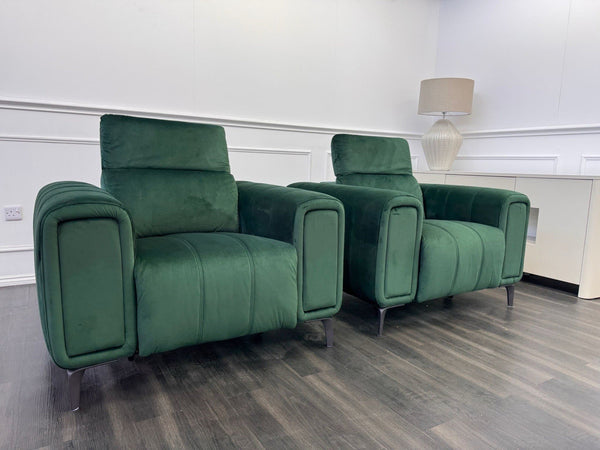 DFS Torren Power Recliner Pair Of Armchairs Green Velvet Power Headrest1