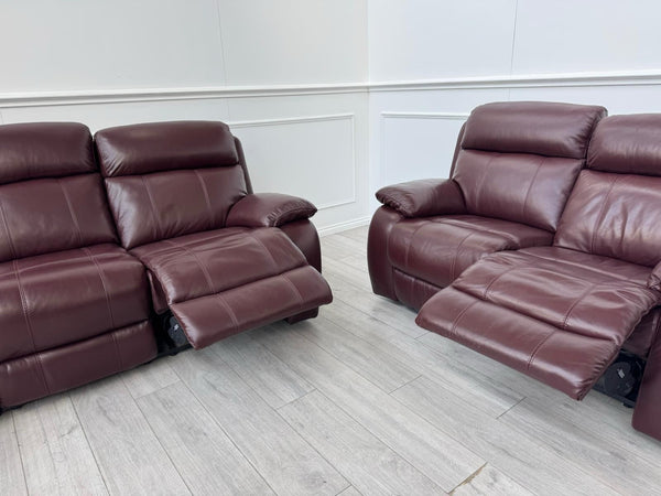 Furniture Village Moreno Power Recliner 3 + 2 Seater Sofa Set Burgundy Leather3