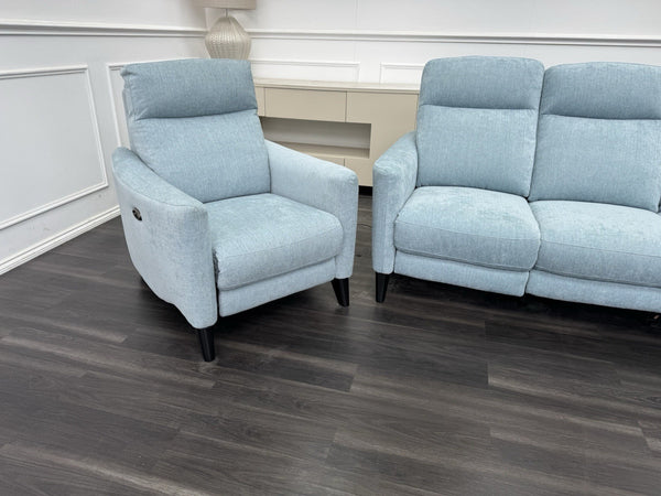 Furniture Village Petit Sky Blue Fabric Power Recliner 3+1+1 Seater Sofa Set4