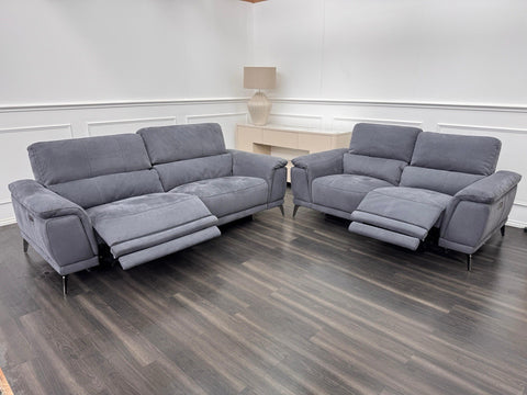 Furniture Village 3+2 Seater Sofa Set Power Recliner Dark Grey Suede0