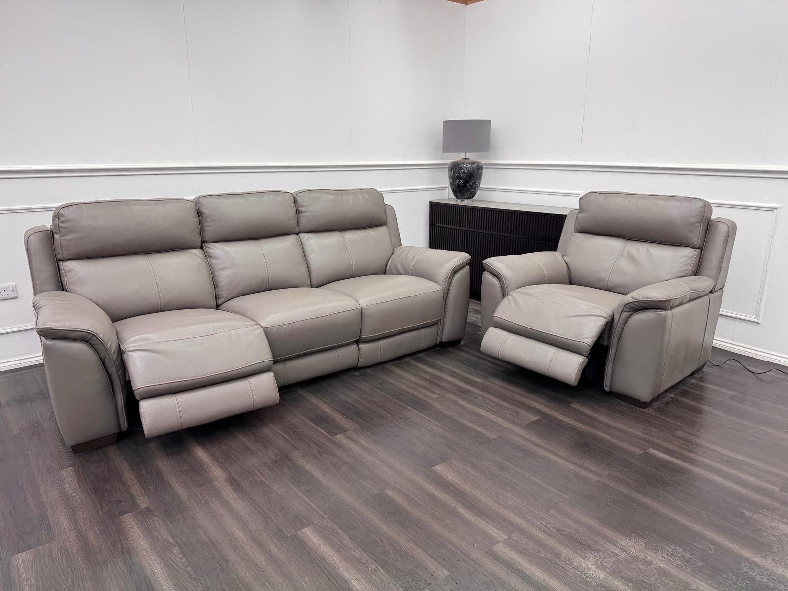 Furniture Village Grey Genuine Leather 3+1 Seater Sofa Set Power Recliner0