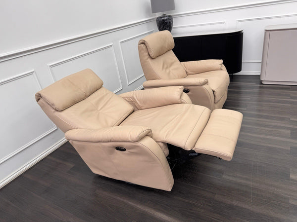 Furniture Village Rowen Beige Leather Pair Of Armchairs Power Recliner8