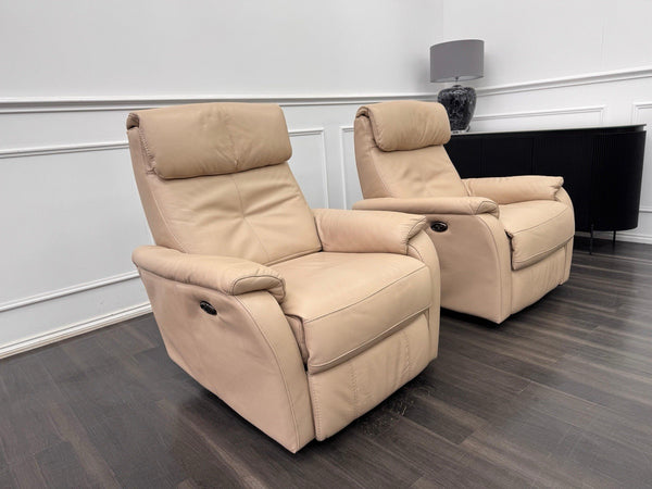 Furniture Village Rowen Beige Leather Pair Of Armchairs Power Recliner7