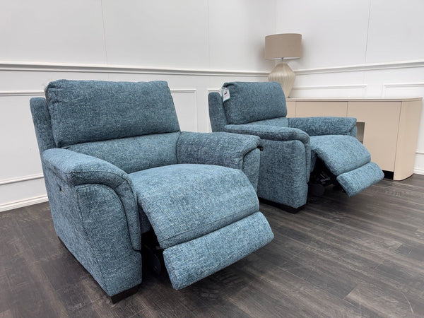 Furniture Village 2x Armchairs Power Recliner Blue Woven Fabric0