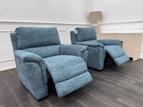 Furniture Village 2x Armchairs Power Recliner Blue Woven Fabric0