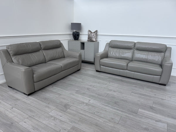 FURNITURE VILLAGE Light Taupe/Grey Genuine Leather Static 3 + 3 Seater Sofa Set0