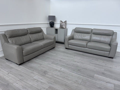 FURNITURE VILLAGE Light Taupe/Grey Genuine Leather Static 3 + 3 Seater Sofa Set0