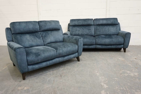 Furniture Village Zen blue velvet Power Recliner 3 + Static 2 Seater Sofa Set0