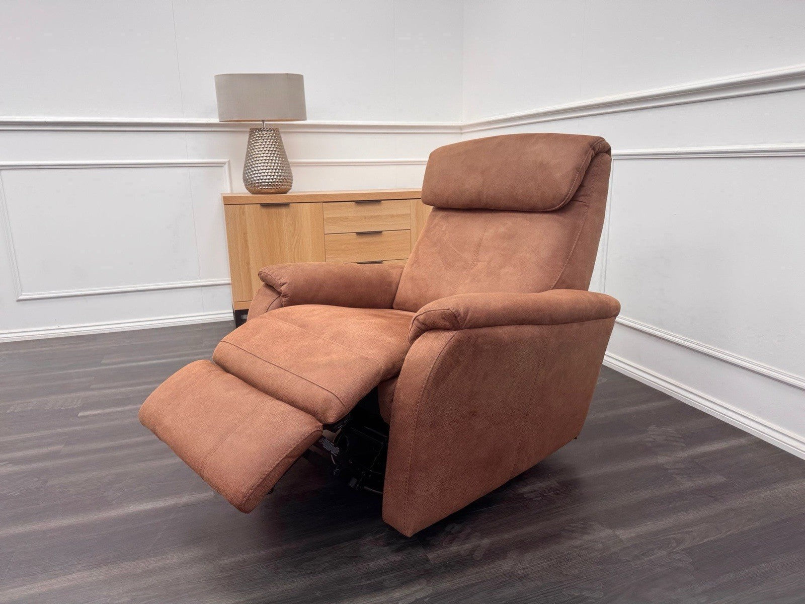 Furniture Village Rowen Brown Fabric Armchair Power Recliner+Swivel+Rocking0