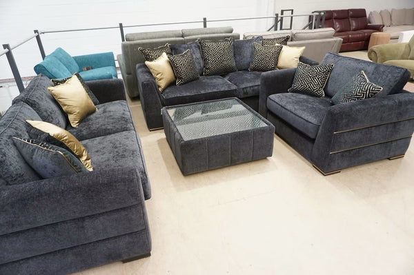 DFS black chenille fabric 4 & 3 seaters + Coffee Table + Snuggle Chair Sofa Set0