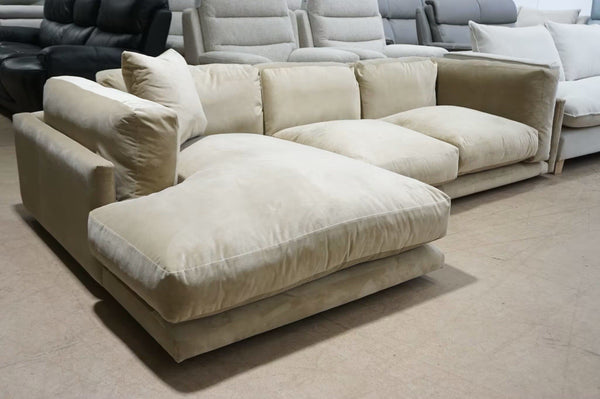 DFS mink velvet fabric XL left hand facing 3 seater lounger1
