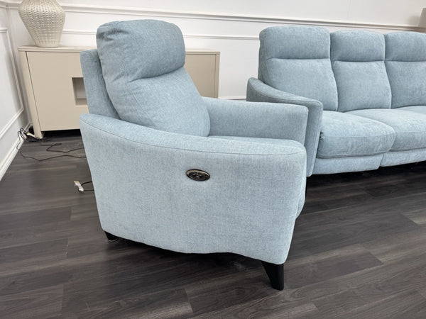 Furniture Village Petit Sky Blue Fabric Power Recliner 3+1+1 Seater Sofa Set3