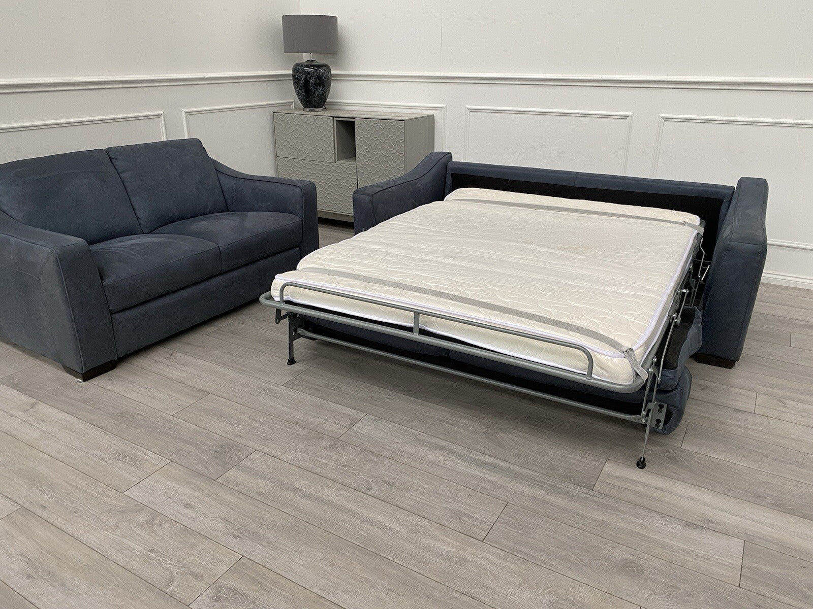 Furniture Village Optimus 3 Seater Sofabed + 2 Seater Sofa Set Navy Microfibre0