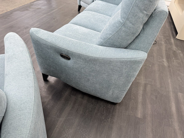 Furniture Village Petit Sky Blue Fabric Power Recliner 3+1+1 Seater Sofa Set13