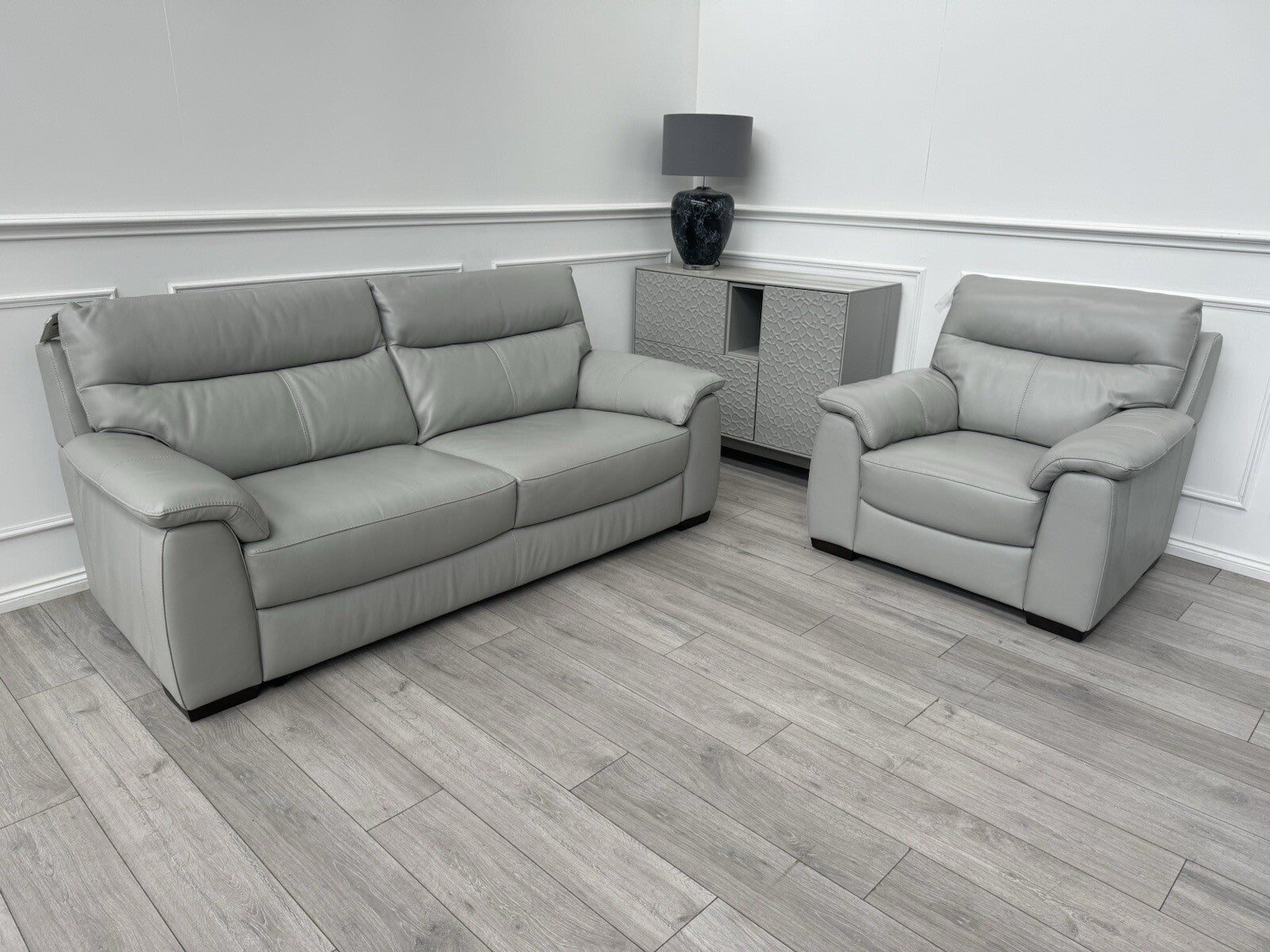 Furniture Village Light Grey Leather Sofa 3 Seater & Armchair Sofa Set0