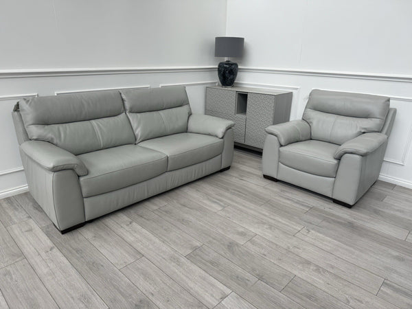 Furniture Village Light Grey Leather Sofa 3 Seater & Armchair Sofa Set0