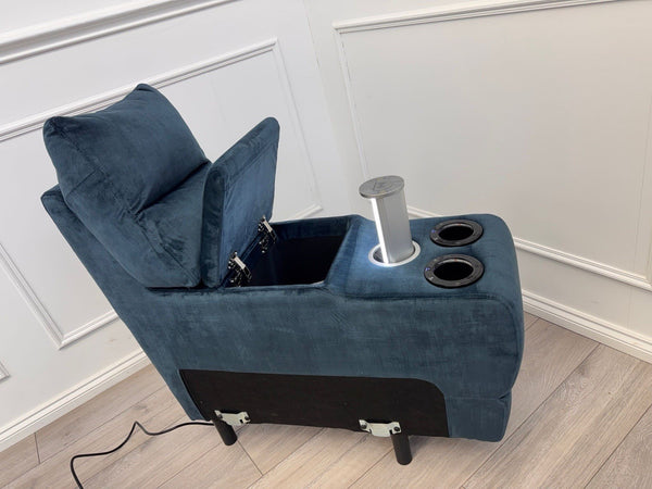 Sofology Renato Console Navy Blue Velvet Cup Holders Storage LED Charging0