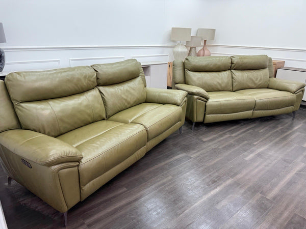 DFS Wren Power Recliner 3+3 Seater Sofa Set In Sage Green Leather1