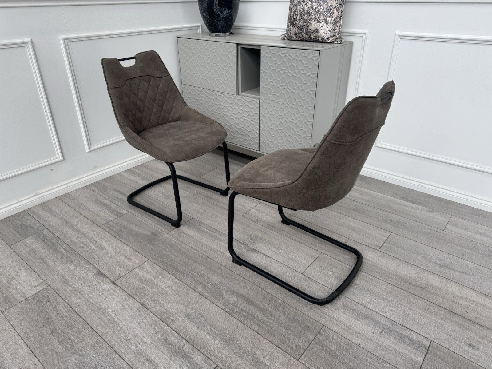 Furniture Village Warrior Taupe Faux Leather Pair Of 2 Cantilever Dining Chairs0