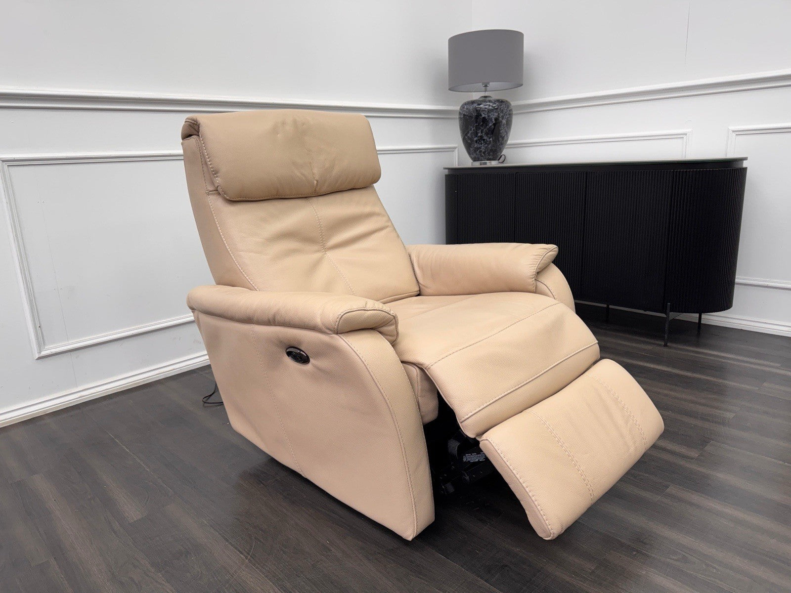 Furniture Village Rowen Beige Leather Armchair Power Recliner+Swivel+Rocking0