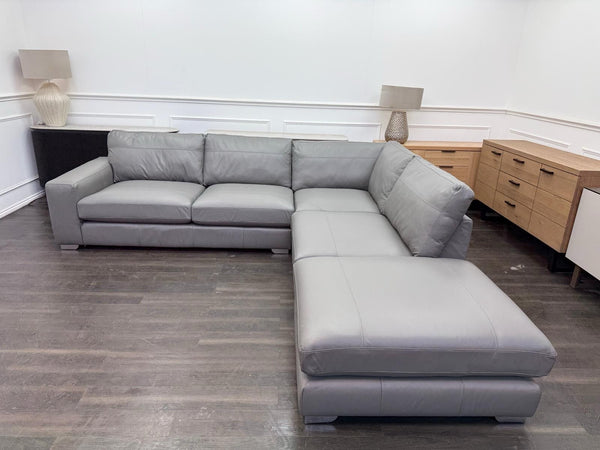 Next Houghton Grey Leather Corner Sofa Open End With Footstool3
