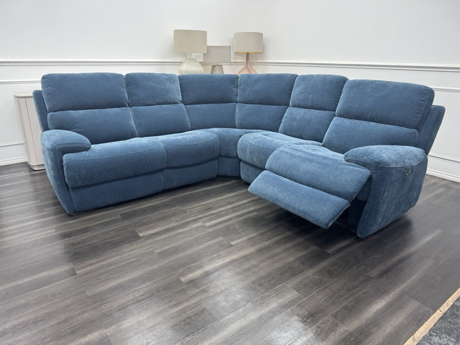 Furniture Village Power Recliner Corner Sofa In Navy Blue Chenille Fabric0