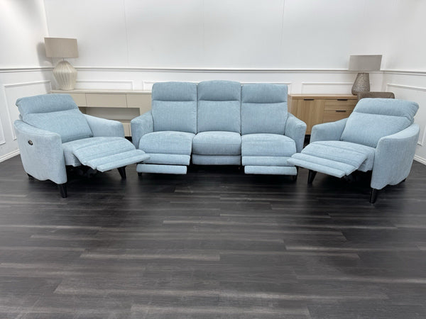 Furniture Village Petit Sky Blue Fabric Power Recliner 3+1+1 Seater Sofa Set0