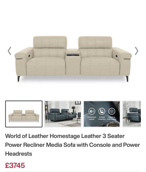 FV Homestage Cream Leather Media 3 Seater Sofa & Armchair Set Power Recliner0