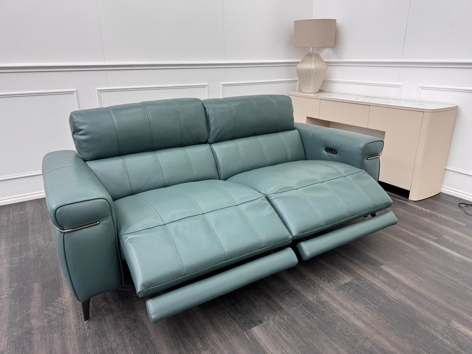 FV Homestage Leather 3 Seater Power Recliner & Headrest Lake Green0