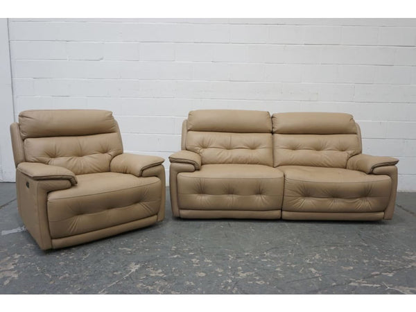 Furniture Village Brescia taupe leather power recliner 3 seater + chair sofa set1
