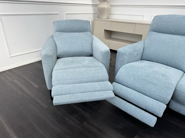 Furniture Village Petit Sky Blue Fabric Power Recliner 3+1+1 Seater Sofa Set23