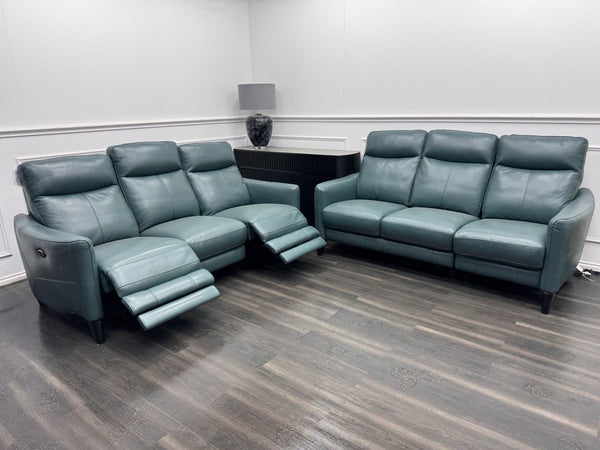 Furniture Village Petit 3 & 3 Seater Sofa Set Power Recliner Lake Green Leather0