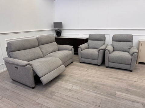 Furniture Village Grey Fabric Power Recliner 3 Seater Sofa + 2x Armchairs Set0
