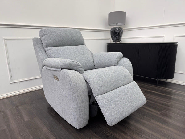 G Plan Kingsbury Power Recliner Armchair Woven Light Blue/ Grey RRP £24250