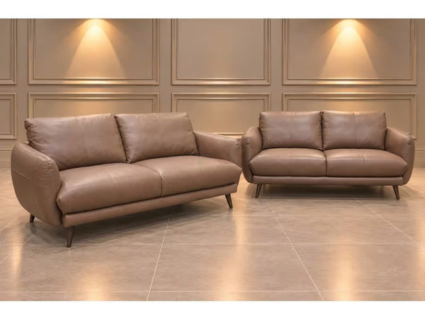 Sofology Adler trusty matt mushroom leather pair of 2 seater sofas set0